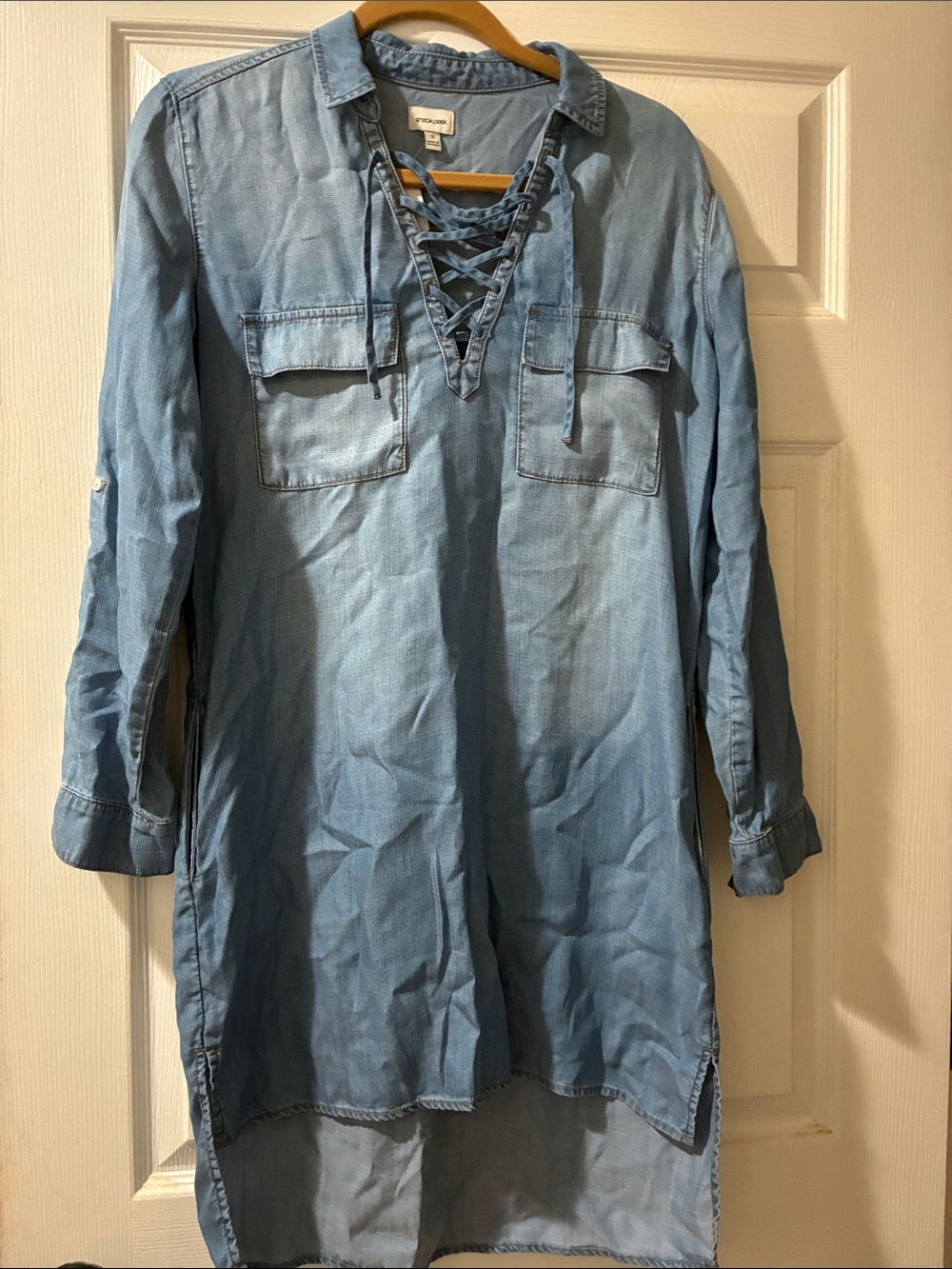 Light Blue Lace-Up Jean Chambray Dress Size S